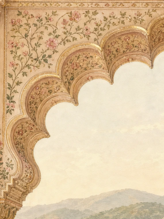 Painted flowers winding around the scalloped gold arch, a close-up from the palace artwork